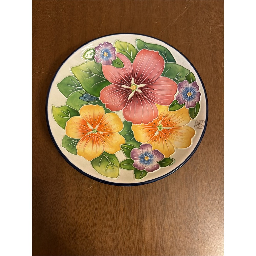 J. McCall Blue Sky 2004 8" Round Decorative Plate Hand painted Raised Hibiscus